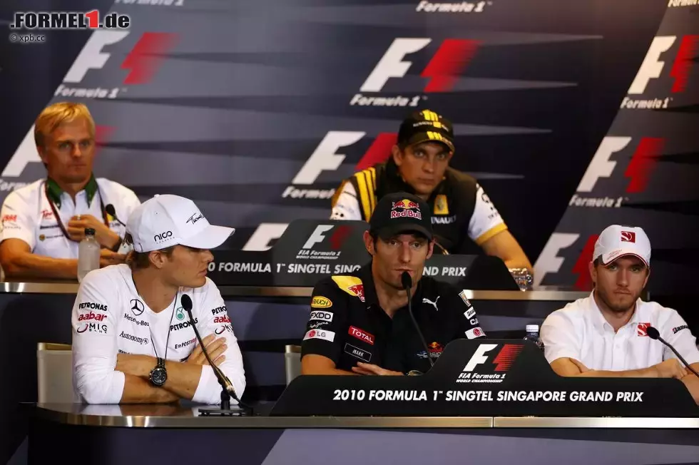 Foto zur News: Pressekonferenz in Singapur, oben: Heikki Kovalainen (Lotus) und Vitaly Petrov (Renault); unten: Nico Rosberg (Mercedes), Mark Webber (Red Bull) und Nick Heidfeld (Sauber)