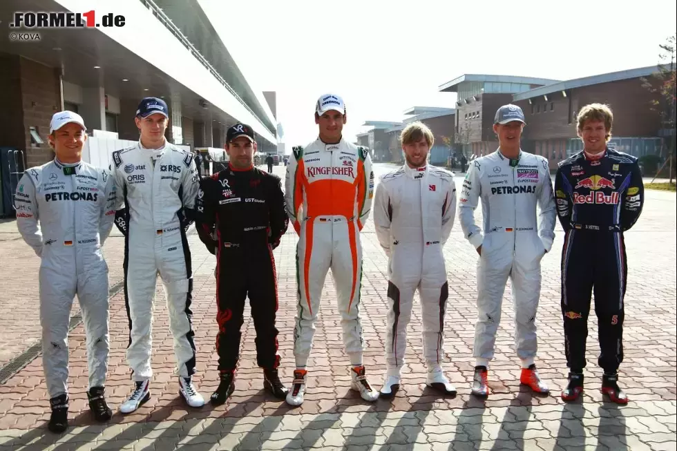 Foto zur News: Die Deutschen in der Formel 1: Nico Rosberg (Mercedes), Nico Hülkenberg (Williams), Timo Glock (Virgin), Adrian Sutil (Force India), Nick Heidfeld (Sauber), Michael Schumacher (Mercedes) und Sebastian Vettel (Red Bull)