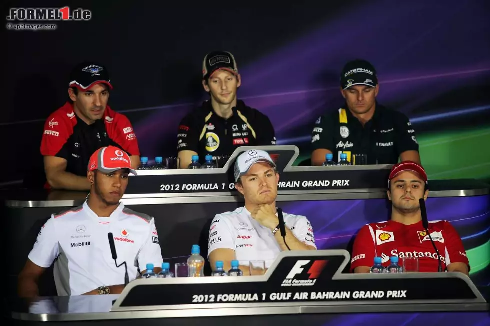 Foto zur News: Pressekonferenz am Donnestag - oberer Reihe: Timo Glock (Marussia), Romain Grosjean (Lotus) und Heikki Kovalainen (Caterham); untere Reihe: Lewis Hamilton (McLaren), Nico Rosberg (Mercedes) und Felipe Massa (Ferrari)