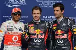 Foto zur News: Die drei Schnellsten im Qualifying: Lewis Hamilton (McLaren), Sebastian Vettel auf Pole (Red Bull) und Teamkollege Mark Webber