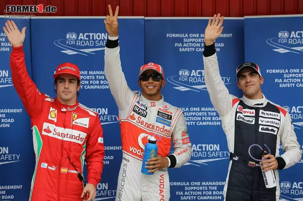 Foto zur News: Überraschende im Qualifying in Spanien: Fernando Alonso (Ferrari), Lewis Hamilton (McLaren) und Pastor Maldonado (Williams)