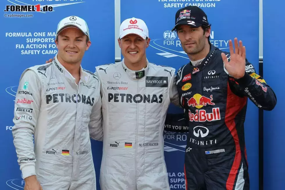 Foto zur News: Nico Rosberg (Mercedes), Michael Schumacher (Mercedes) und Mark Webber (Red Bull)