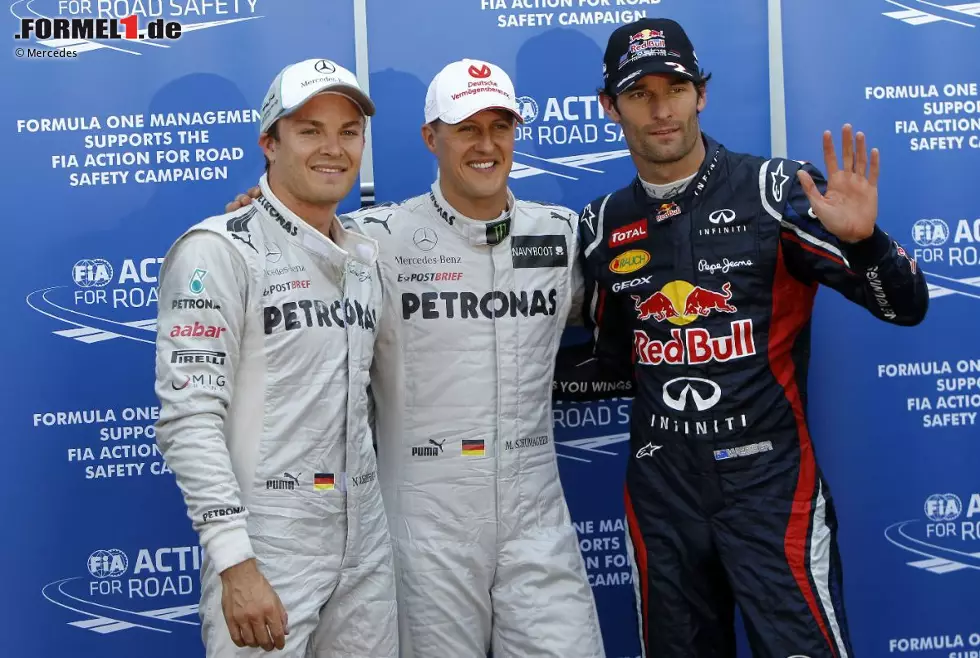 Foto zur News: Nico Rosberg (Mercedes), Michael Schumacher (Mercedes) und Mark Webber (Red Bull)