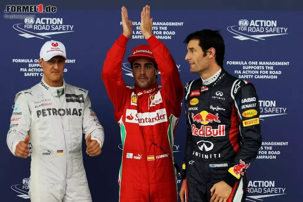 Foto zur News: Die ersten Drei im Qualifying in England: Fernando Alonso (Ferrari), Michael Schumacher (Mercedes) und Mark Webber (Red Bull)