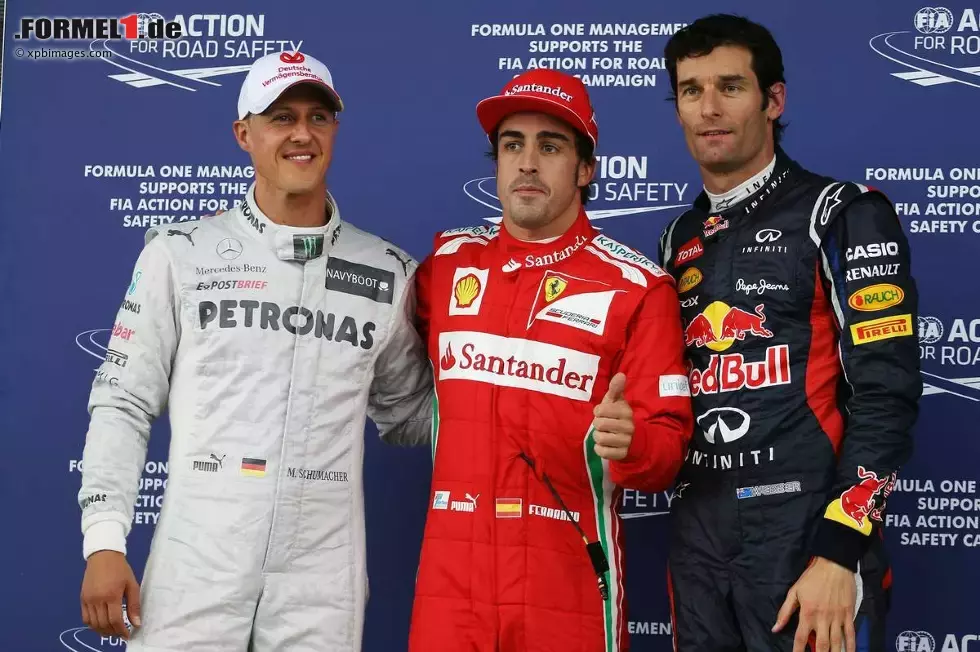 Foto zur News: Michael Schumacher (Mercedes), Fernando Alonso (Ferrari) und Mark Webber (Red Bull)