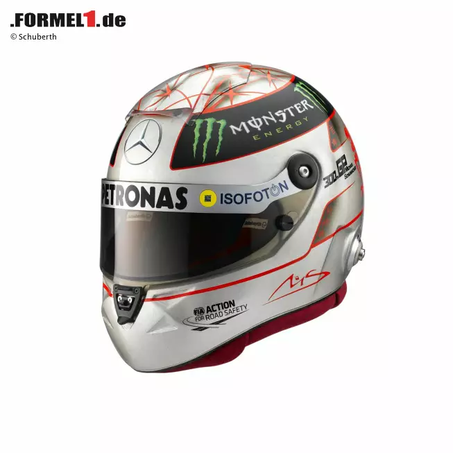 Foto zur News: 300. Grand Prix: Spezialhelm in Platin von Schuberth f?r Jubilar Michael Schumacher (Mercedes)