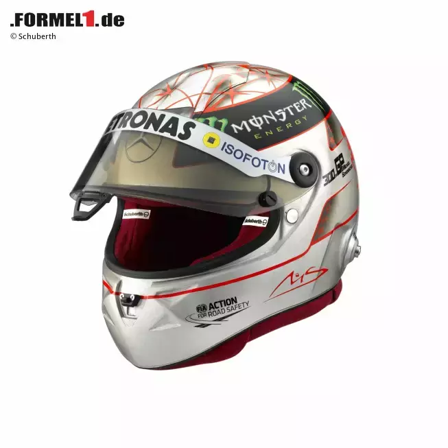 Foto zur News: 300. Grand Prix: Spezialhelm in Platin von Schuberth f?r Jubilar Michael Schumacher (Mercedes)