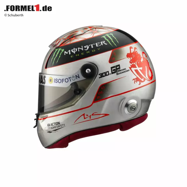 Foto zur News: 300. Grand Prix: Spezialhelm in Platin von Schuberth f?r Jubilar Michael Schumacher (Mercedes)