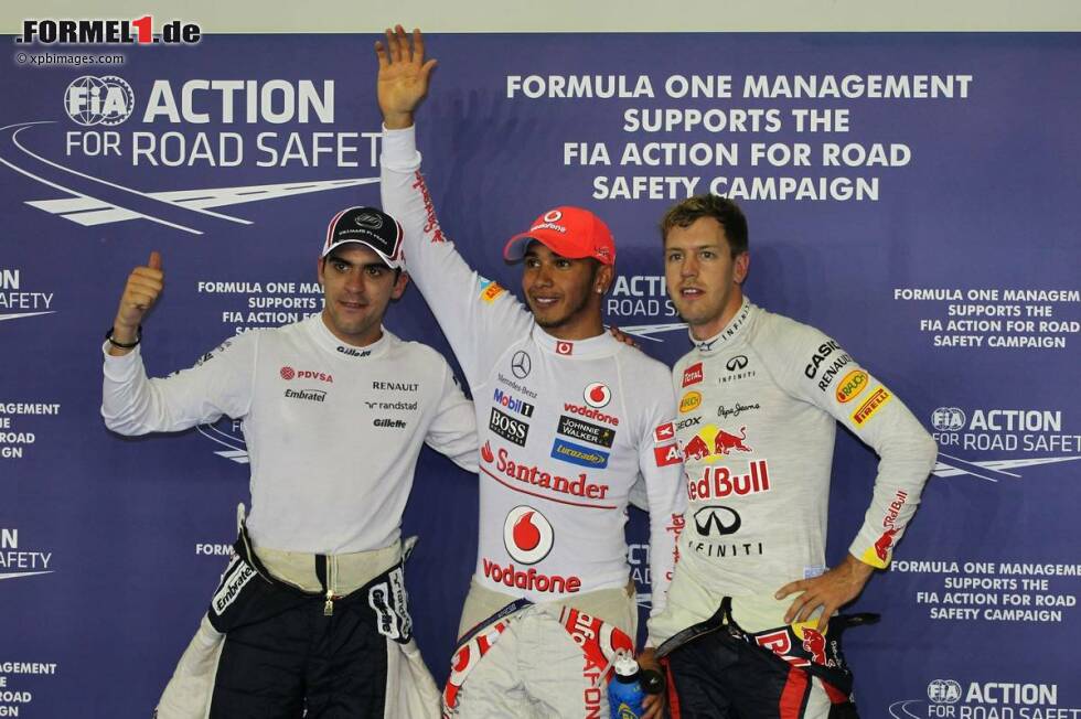 Foto zur News: Pastor Maldonado (Williams), Lewis Hamilton (McLaren) und Sebastian Vettel (Red Bull)