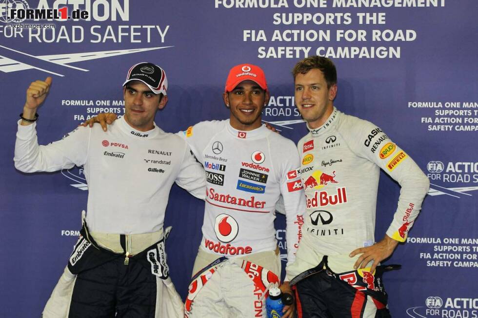 Foto zur News: Pastor Maldonado (Williams), Lewis Hamilton (McLaren) und Sebastian Vettel (Red Bull)