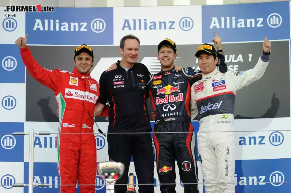 Foto zur News: Felipe Massa (Ferrari), Paul Monaghan und Sebastian Vettel (Red Bull) und Kamui Kobayashi (Sauber)