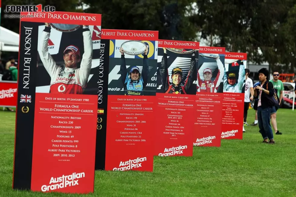 Foto zur News: Aufsteller mit Ex-Siegern des Grand Prix&#039; von Australien