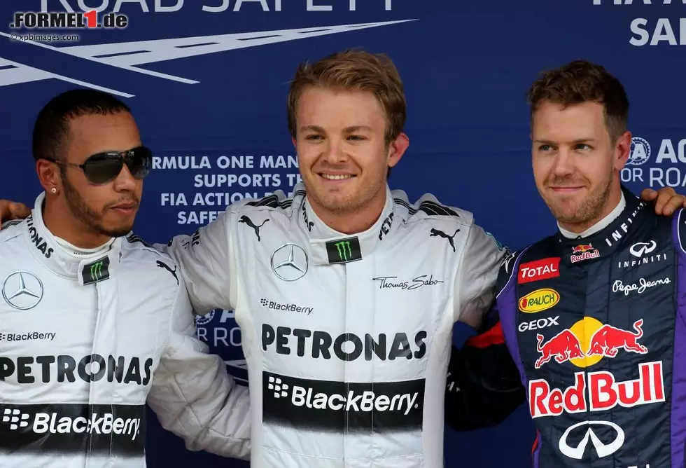 Foto zur News: Lewis Hamilton (Mercedes), Nico Rosberg (Mercedes) und Sebastian Vettel (Red Bull)