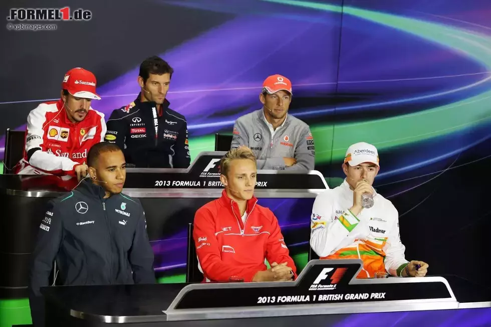 Foto zur News: Fernando Alonso (Ferrari), Mark Webber (Red Bull), Jenson Button (McLaren), Lewis Hamilton (Mercedes), Max Chilton (Marussia) und Paul di Resta (Force India)