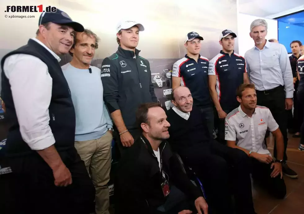 Foto zur News: Ehemalige und aktuelle Williams-Fahrer: Nigel Mansell, Alain Prost, Rubens Barrichello, Nico Rosberg, Pastor Maldonado, Valtteri Bottas, Jenson Button und Damon Hill