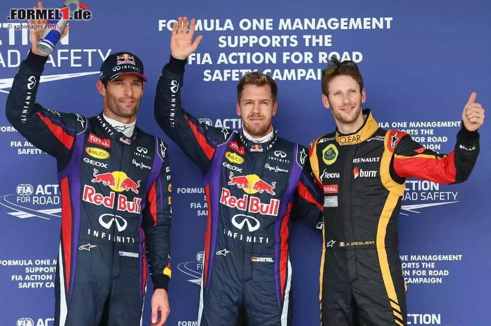 Foto zur News: Sebastian Vettel (Red Bull) wieder auf der Pole-Position, Mark Webber (Red Bull) und Romain Grosjean (Lotus) dahinter