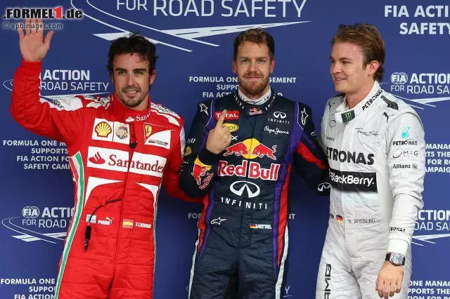 Foto zur News: Die drei Besten des letzten Qualifyings der Formel-1-Saison 2013: Sebastian Vettel (Mitte), Fernando Alonso (links) und Nico Rosberg (rechts).