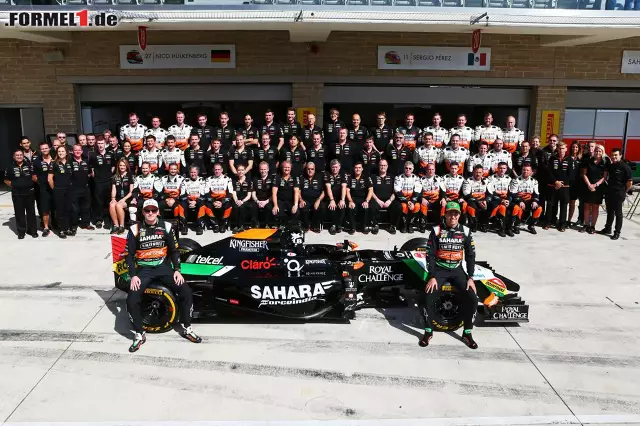 Foto zur News: Nico Hülkenberg, Sergio Perez und das Force-India-Team