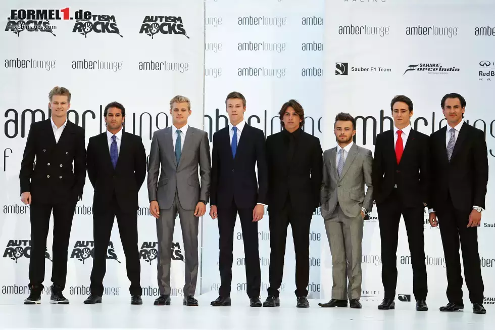 Foto zur News: Die Models: Nico Hülkenberg (Force India), Felipe Nasr (Sauber), Marcus Ericsson (Sauber), Daniil Kwjat (Red Bull), Roberto Merhi (Manor-Marussia), Will Stevens (Manor-Marussia), Esteban Gutierrez und Adrian Sutil