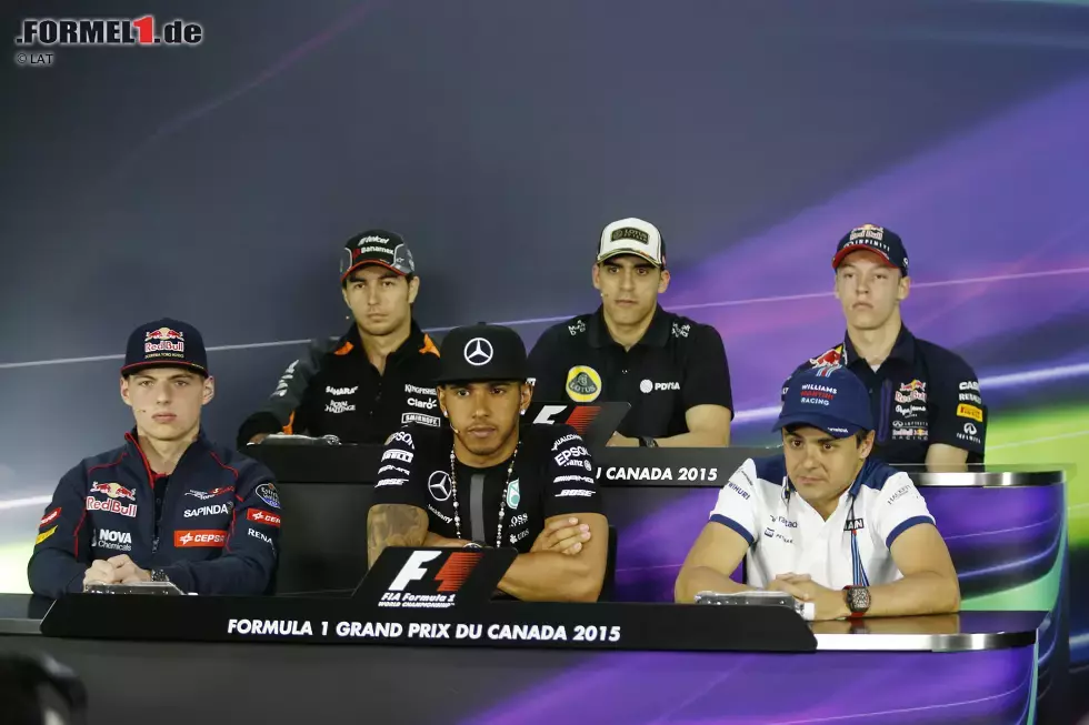 Foto zur News: FIA-Pressekonferenz mit Sergio Perez (Force India), Pastor Maldonado (Lotus), Daniil Kwjat (Red Bull), Felipe Massa (Williams), Lewis Hamilton (Mercedes) und Max Verstappen (Toro Rosso)