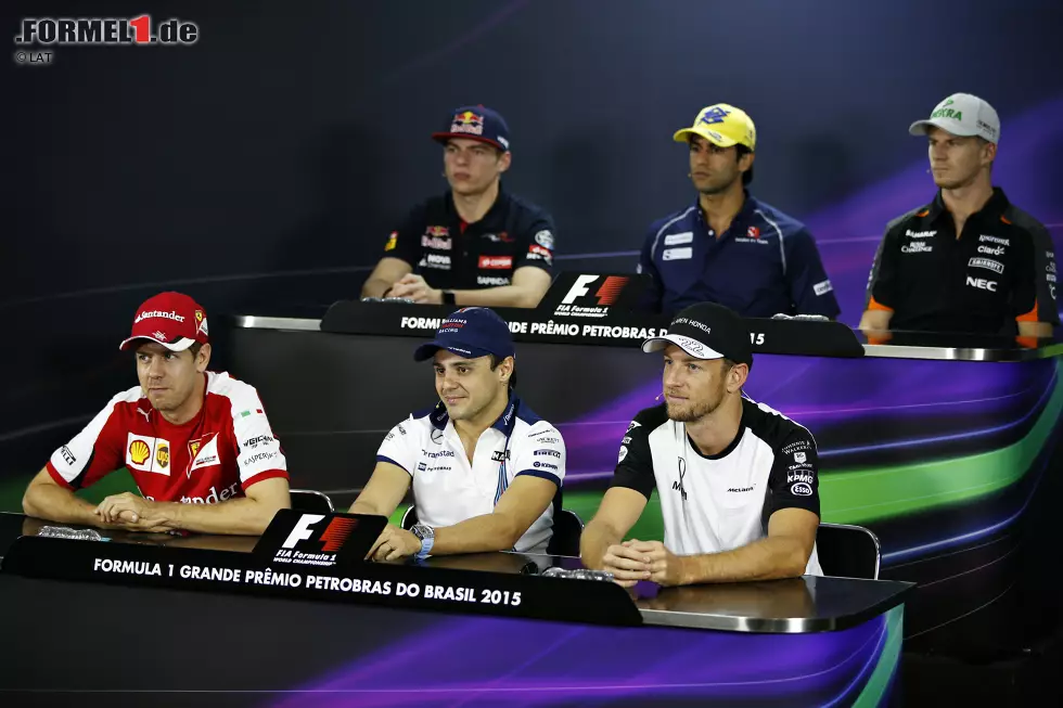 Foto zur News: FIA-PK mit Max Verstappen (Toro Rosso), Felipe Nasr (Sauber), Nico Hülkenberg (Force India), Jenson Button (McLaren), Felipe Massa (Williams) und Sebastian Vettel (Ferrari)