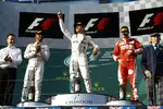 Foto zur News: Nico Rosberg (Mercedes), Lewis Hamilton (Mercedes), Sebastian Vettel (Ferrari) und Jackie Stewart