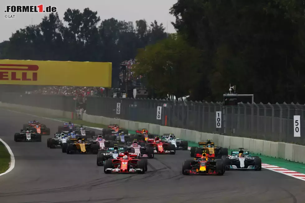 Foto zur News: Max Verstappen (Red Bull), Sebastian Vettel (Ferrari), Lewis Hamilton (Mercedes), Valtteri Bottas (Mercedes), Esteban Ocon (Force India) und Nico Hülkenberg (Renault)