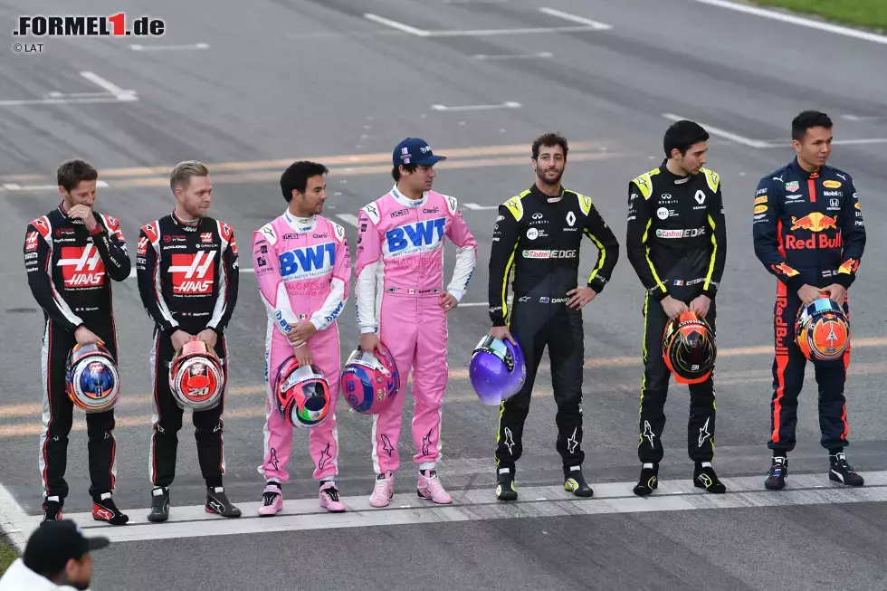 Foto zur News: Romain Grosjean (Haas), Kevin Magnussen (Haas), Sergio Perez (Racing Point), Lance Stroll (Racing Point), Daniel Ricciardo (Renault), Esteban Ocon (Renault) und Alexander Albon (Red Bull)