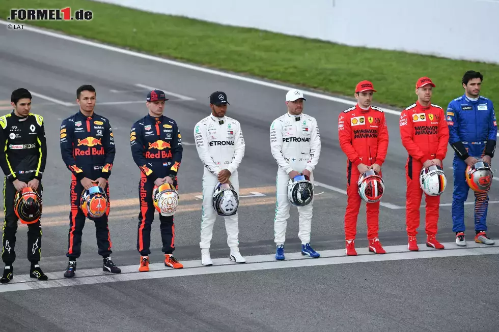 Foto zur News: Esteban Ocon (Renault), Alexander Albon (Red Bull), Max Verstappen (Red Bull), Lewis Hamilton (Mercedes), Valtteri Bottas (Mercedes), Charles Leclerc (Ferrari), Sebastian Vettel (Ferrari) und Carlos Sainz (McLaren)