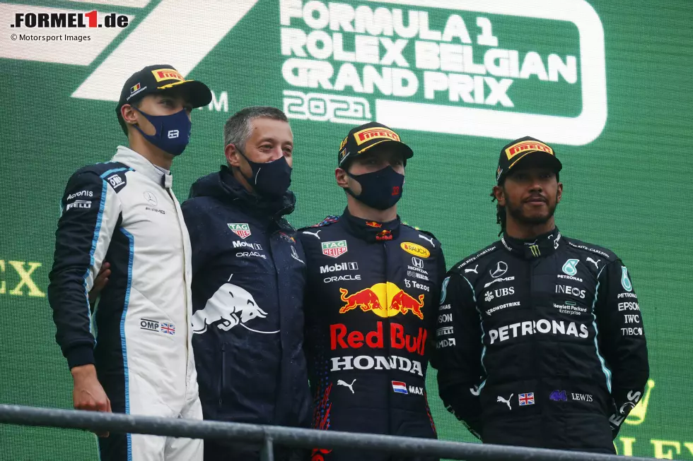 Foto zur News: George Russell (Williams), Max Verstappen (Red Bull) und Lewis Hamilton (Mercedes)