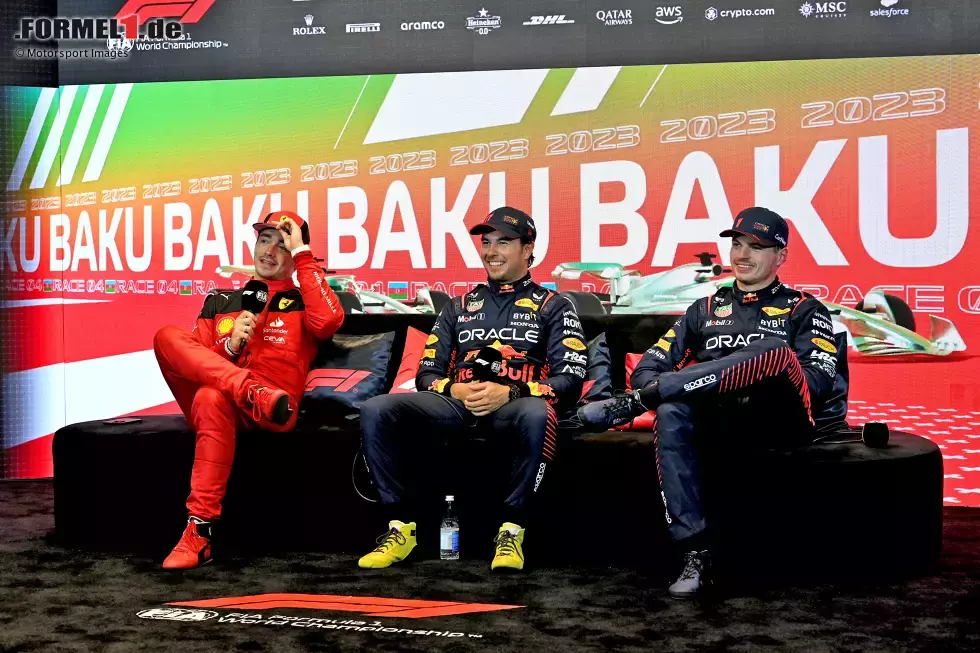 Foto zur News: Charles Leclerc (Ferrari), Sergio Perez (Red Bull) und Max Verstappen (Red Bull)