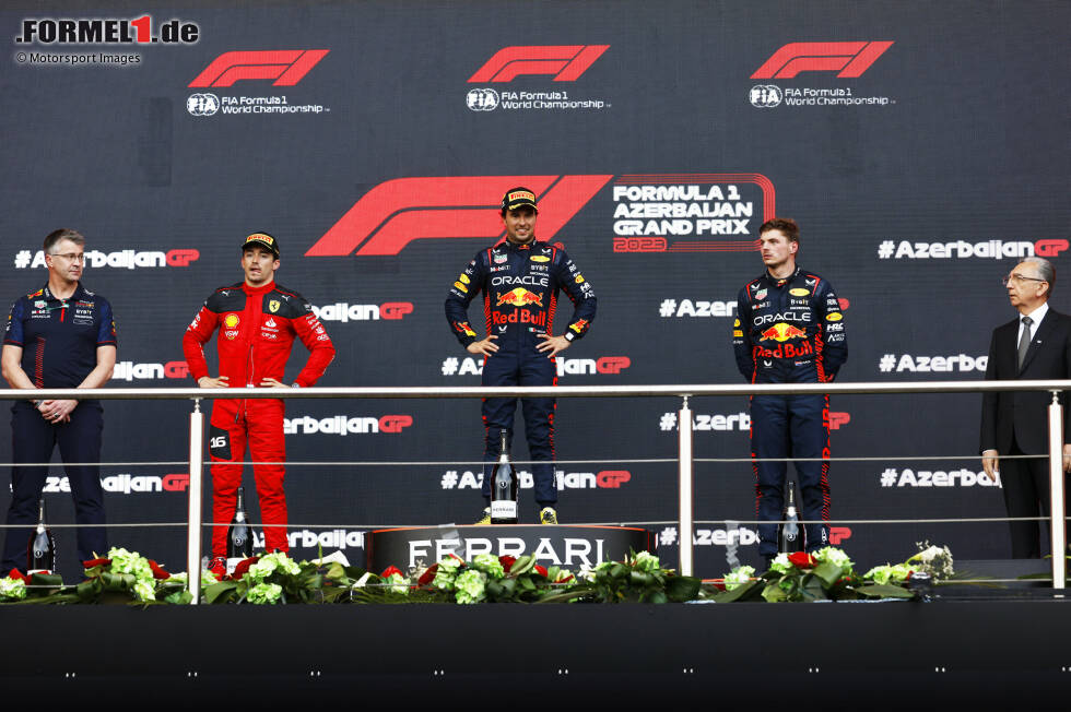 Foto zur News: Charles Leclerc (Ferrari), Sergio Perez (Red Bull) und Max Verstappen (Red Bull)