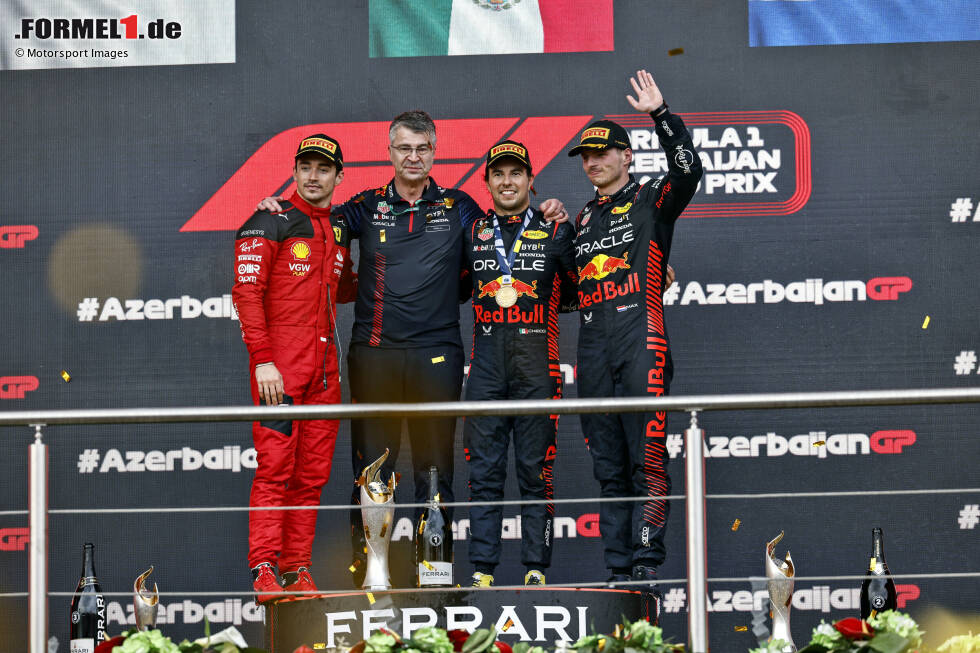 Foto zur News: Charles Leclerc (Ferrari), Sergio Perez (Red Bull) und Max Verstappen (Red Bull)