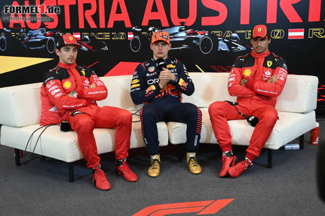 Foto zur News: Charles Leclerc (Ferrari), Max Verstappen (Red Bull) und Carlos Sainz (Ferrari)