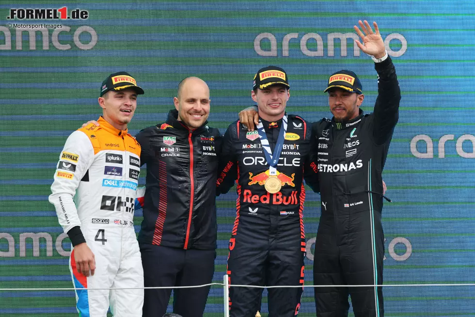 Foto zur News: Lando Norris (McLaren), Max Verstappen (Red Bull) und Lewis Hamilton (Mercedes)