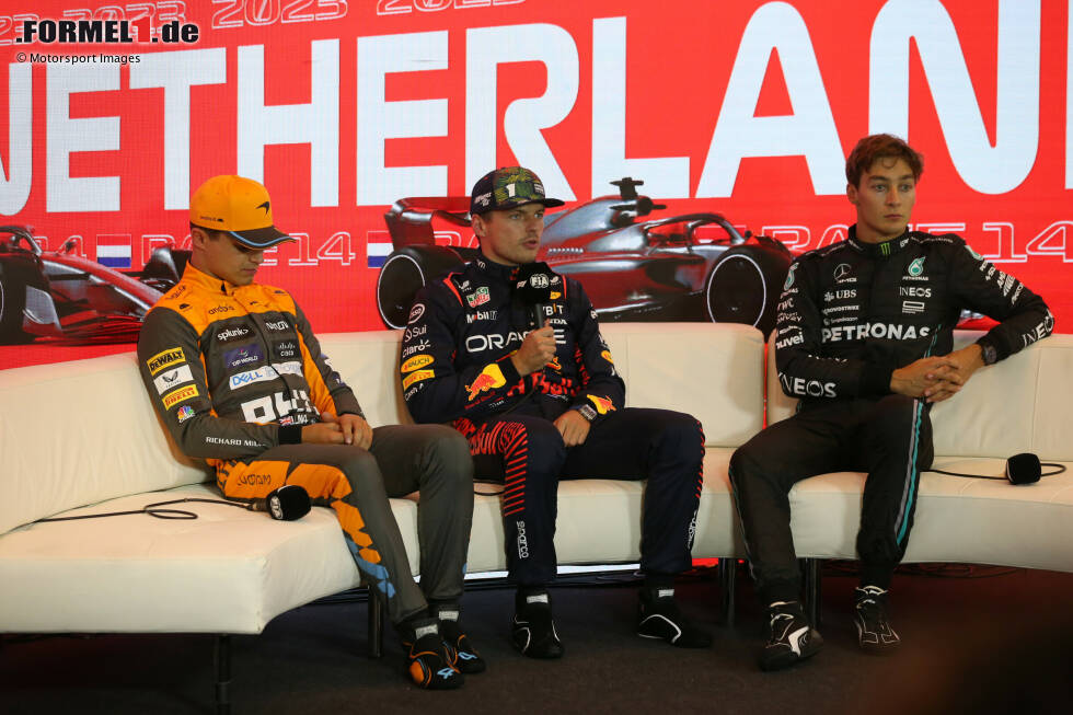 Foto zur News: Lando Norris (McLaren), Max Verstappen (Red Bull) und George Russell (Mercedes)