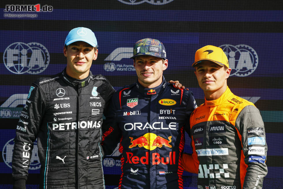 Foto zur News: George Russell (Mercedes), Max Verstappen (Red Bull) und Lando Norris (McLaren)