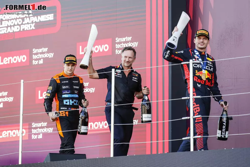 Foto zur News: Oscar Piastri (McLaren), Christian Horner und Max Verstappen (Red Bull)