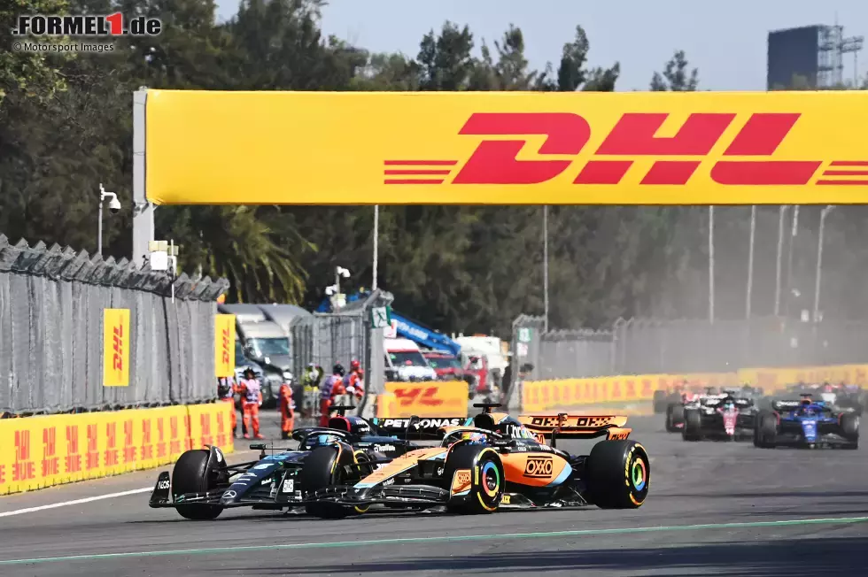 Foto zur News: George Russell (Mercedes), Oscar Piastri (McLaren) und Nico Hülkenberg (Haas)