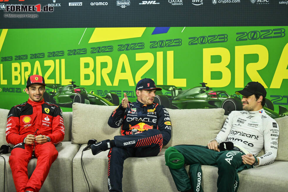 Foto zur News: Charles Leclerc (Ferrari), Max Verstappen (Red Bull) und Lance Stroll (Aston Martin)