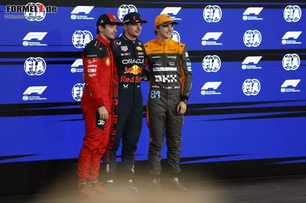 Foto zur News: Charles Leclerc (Ferrari), Max Verstappen (Red Bull) und Oscar Piastri (McLaren)