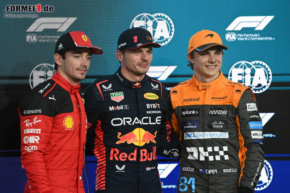 Foto zur News: Charles Leclerc (Ferrari), Max Verstappen (Red Bull) und Oscar Piastri (McLaren)