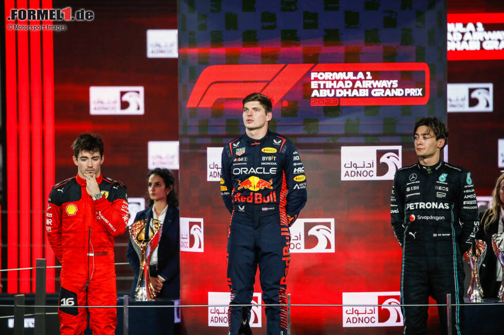 Foto zur News: Charles Leclerc (Ferrari), Max Verstappen (Red Bull) und George Russell (Mercedes)