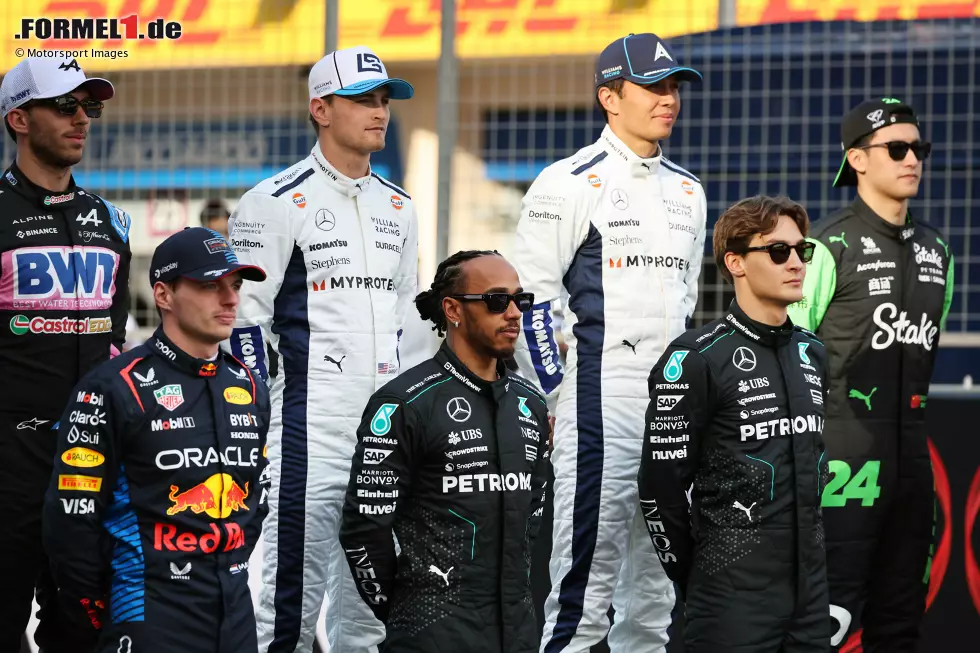 Foto zur News: Guanyu Zhou (Sauber), Pierre Gasly (Alpine), Logan Sargeant (Williams), Max Verstappen (Red Bull), Lewis Hamilton (Mercedes) und George Russell (Mercedes)