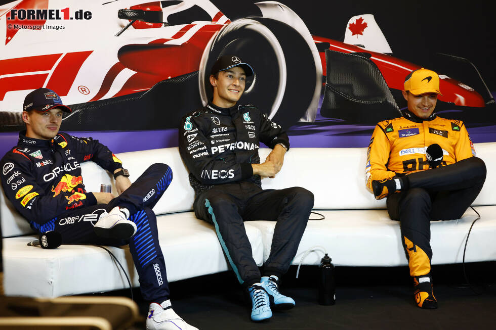 Foto zur News: Max Verstappen (Red Bull), George Russell (Mercedes) und Lando Norris (McLaren)