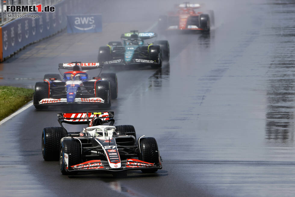 Foto zur News: Nico Hülkenberg (Haas), Daniel Ricciardo (Racing Bulls) und Lance Stroll (Aston Martin)