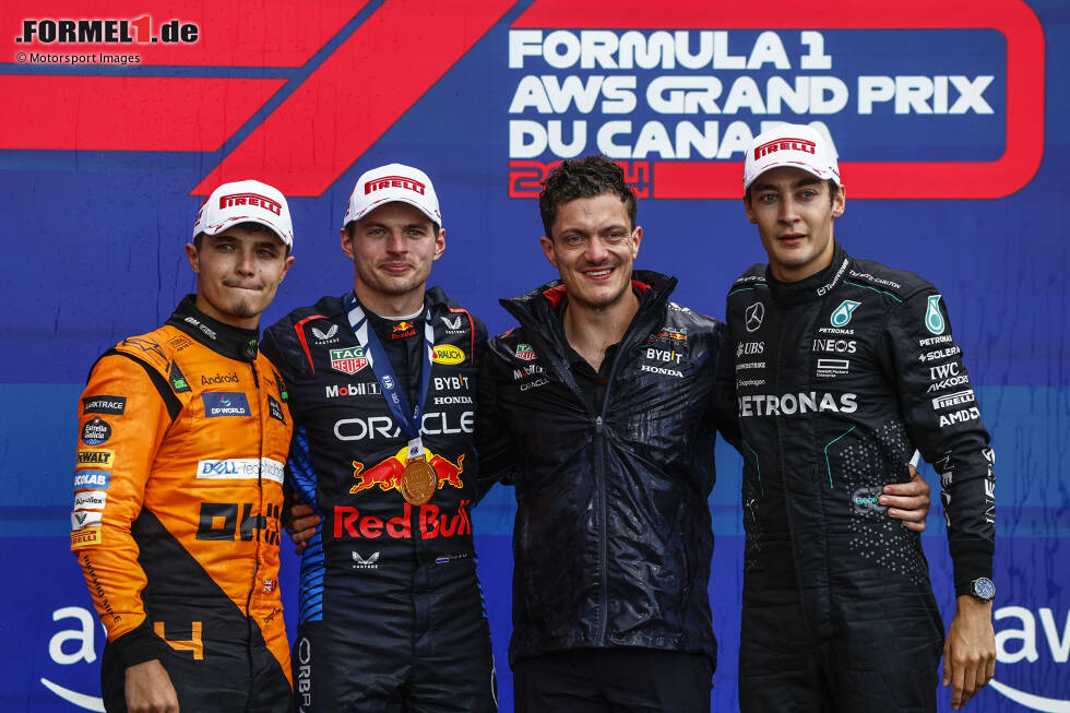 Foto zur News: Lando Norris (McLaren), Max Verstappen (Red Bull) und George Russell (Mercedes)