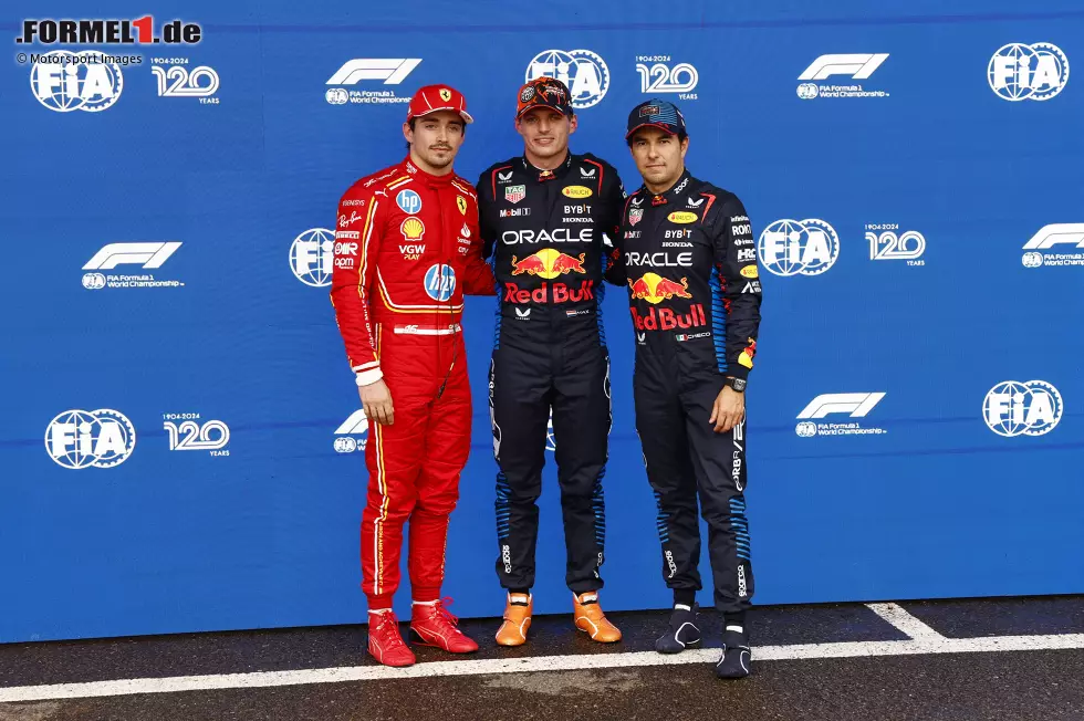 Foto zur News: Charles Leclerc (Ferrari), Max Verstappen (Red Bull) und Sergio Perez (Red Bull)