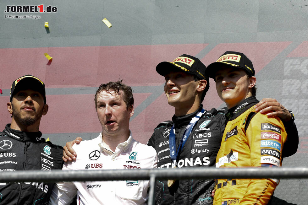 Foto zur News: George Russell (Mercedes), Lewis Hamilton (Mercedes) und Oscar Piastri (McLaren)