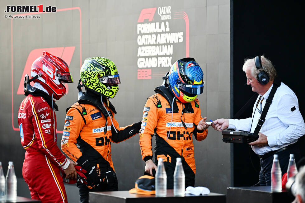 Foto zur News: Lando Norris (McLaren), Oscar Piastri (McLaren) und Charles Leclerc (Ferrari)